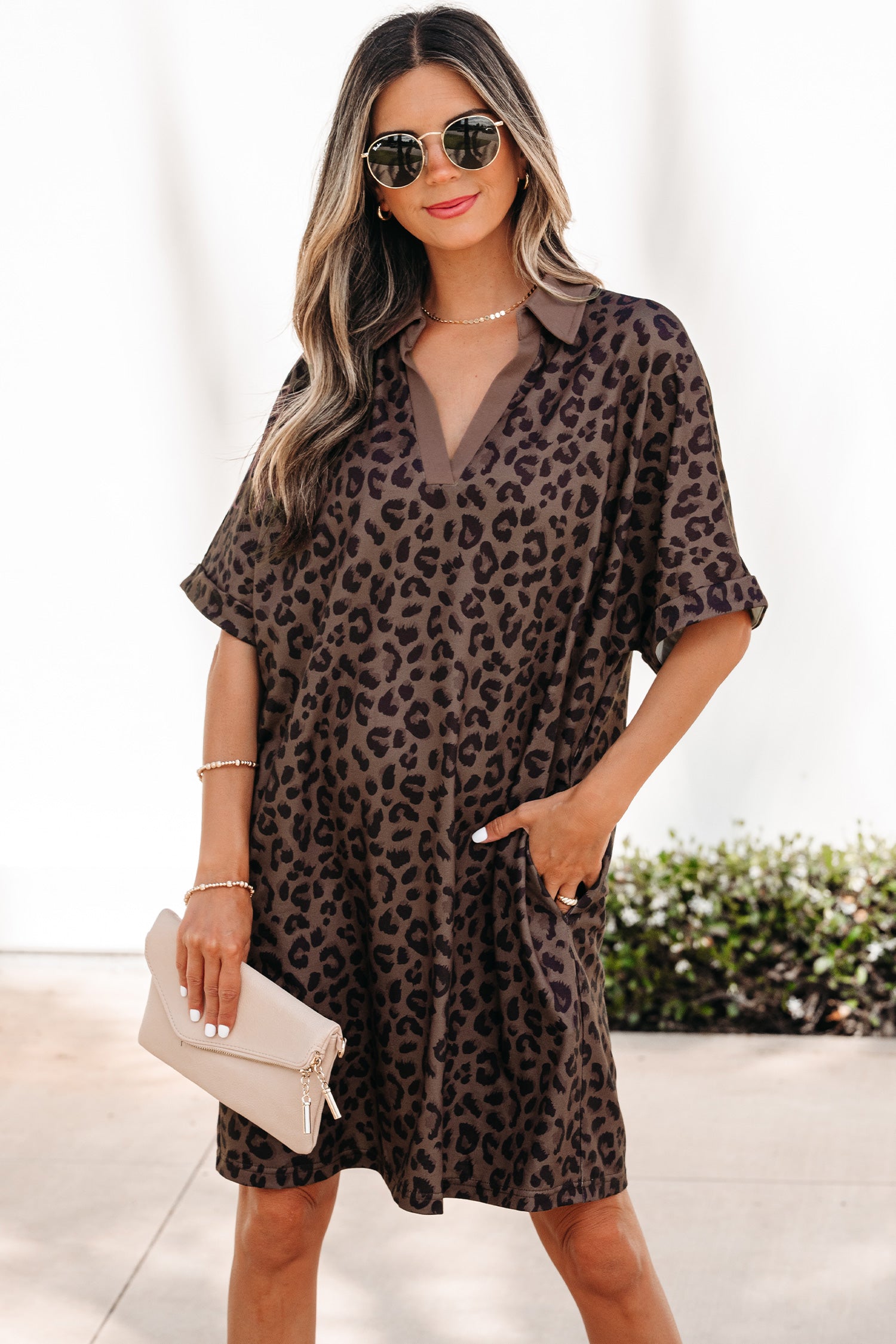 Brown Leopard Print Contrast Collar V-Neck Mini Dress - Damesmode Afbeelding 2
