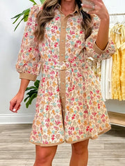 Orangefarbener Floral-Print Farbblock-Kanten-Hemd mit 3/4-Ärmeln, Mini-Gürtel-Kleid - Miniatuur