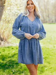 Myosotis Puff Sleeve V Neck Ruffled Loose Denim Mini Dress - Miniatuur