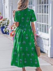 Green Floral Print Split Neck Shirred High Waist Ruffle Hem Maxi Dress - Miniatuur