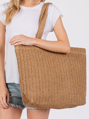 Sac fourre-tout d’été tissé en paille de couleur unie Camel - Miniatuur