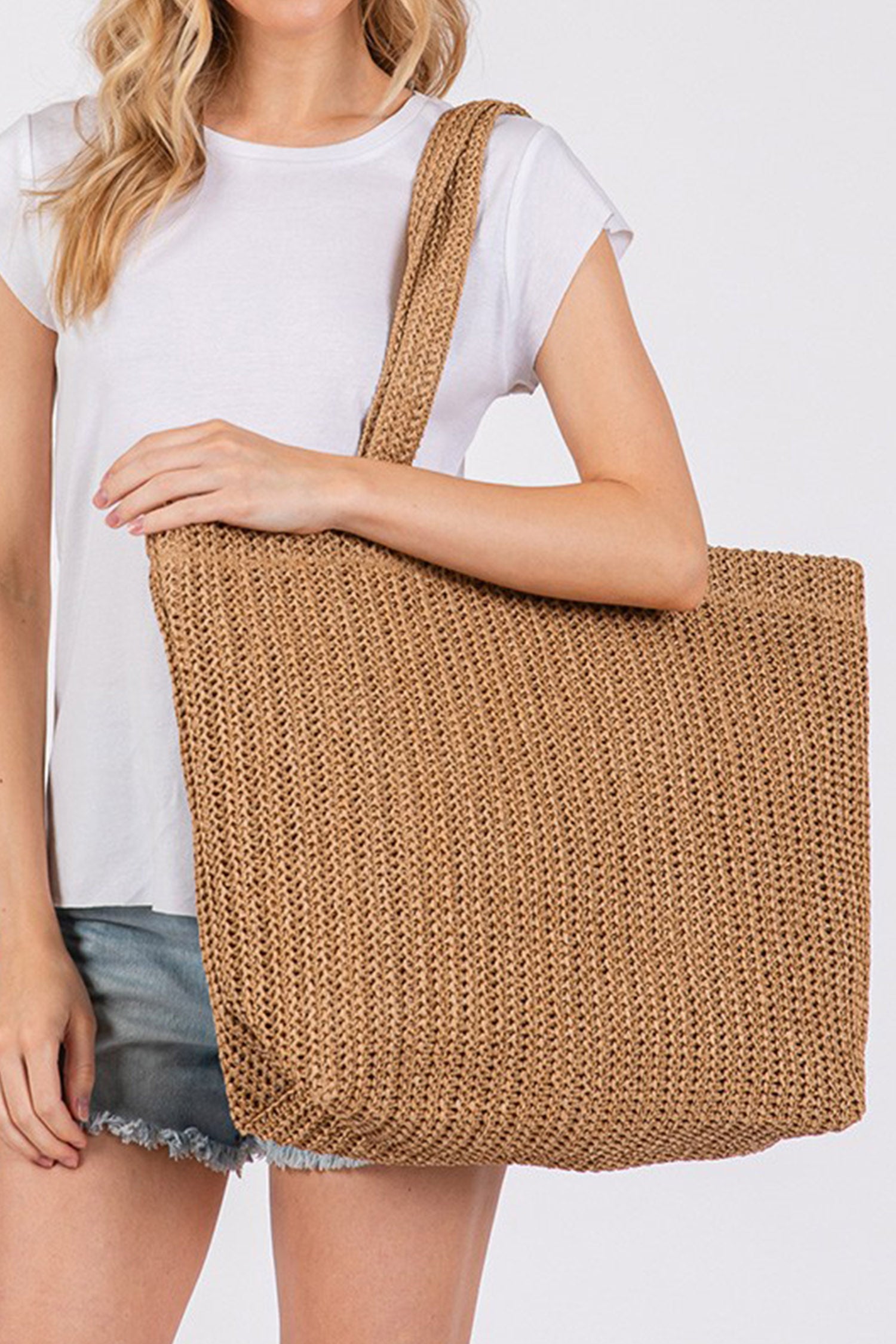 Camel Einfarbige Stroh-Webung Sommerstrand-Tote-Tasche