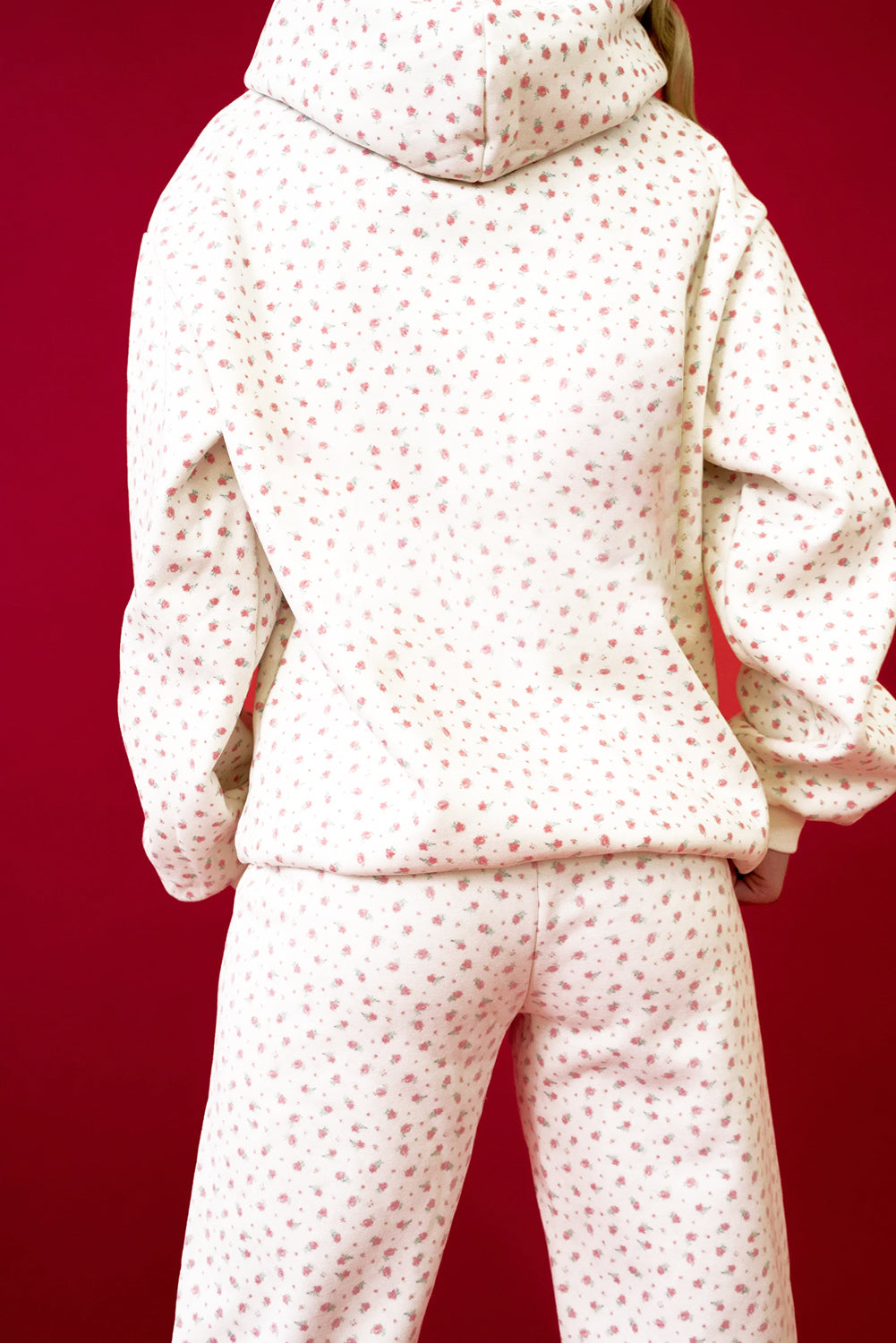 Set di felpe con cappuccio a tasca canguro rosa con stampa, set di pantaloni della tuta