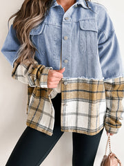 Khaki Plaid Patchwork Buttoned Oversized Denim Jacket - Miniatuur