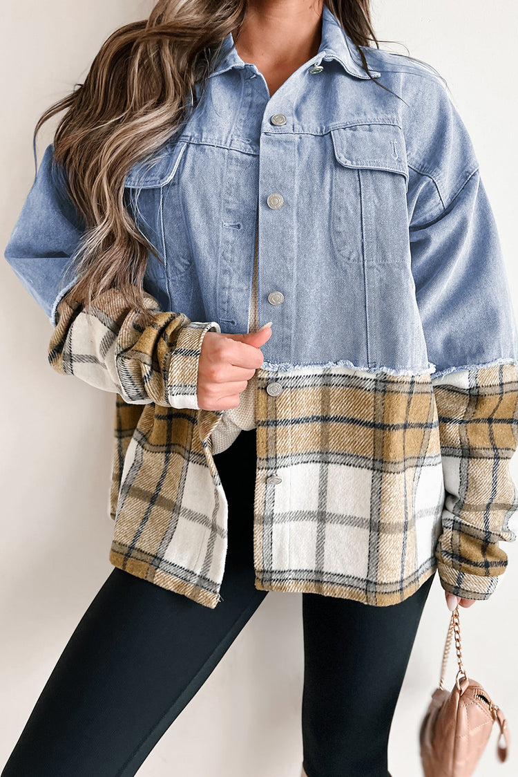 Khaki Plaid Patchwork Buttoned Oversized Denim Jacket - Damesmode