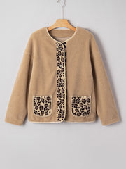 Chaqueta de peluche casual con estampado de leopardo con acentos y bolsillos - Miniatuur
