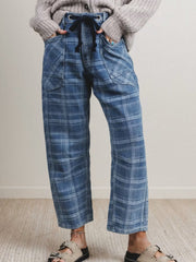 Sky Blue Plaid Denim Grommet Drawstring Waist Ankle-Length Jeans - Miniatuur