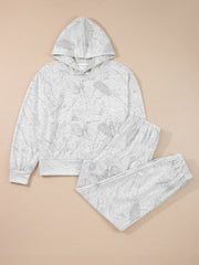 Light Grey Abstract Print Loose Drop Sleeve Hoodie Elastic Waistband 2pcs Pant Set - Miniatuur