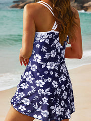 Bleu ciel à motifs floraux croisés Côté nœud asymétrique Maillot une pièce - Miniatuur