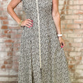 Beige Leopard Zip Front V Neck Cinched Waist Sleeveless Maxi Dress - Damesmode Afbeelding 1 - Foto 1
