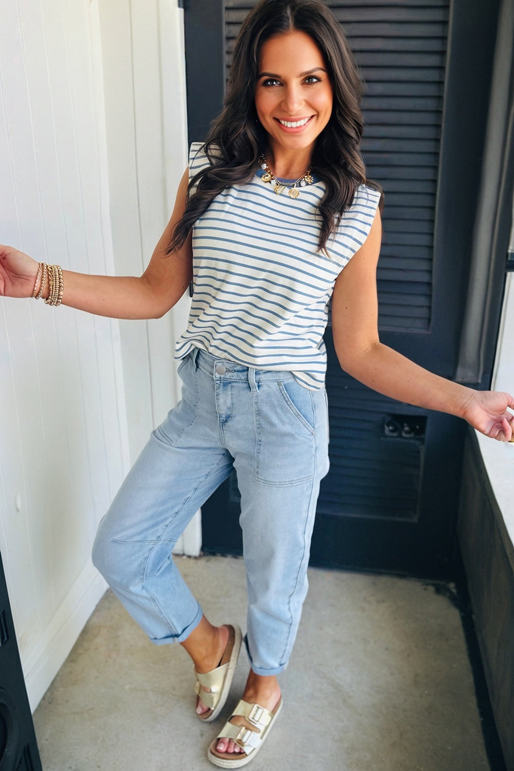 Beau Blue High Rise Barrel Relaxed Patch Pocket Jeans - Damesmode Afbeelding 3