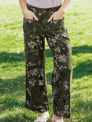 Green Vintage Floral Print Square Patch Pocket Raw Hem Shift Jeans - Miniatuur