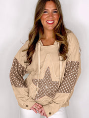 Aprikosenblumen-Patchwork-Star-Muster-Hoodie mit Kordelband – Damesmode Afbeelding 3 - Miniatuur
