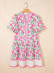 Mehrfarbiges süßes Blumenmuster, gestreiftes Farbblock-Kurzkleid - Miniatuur