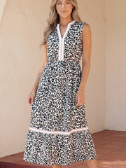 White Leopard Print Colorblock Trim Sleeveless Midi Dress - Miniatuur