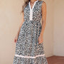 White Leopard Print Colorblock Trim Sleeveless Midi Dress