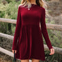 Rotes Dahlia-Rüschenhals-Ribben-Patchwork-Langarm-Minikleid