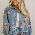 Dunkelblaue Jacke mit Blumenmuster und Rüschen-Saum - Foto 6