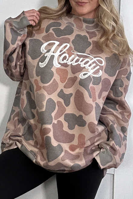Multicolour Camo Print Howdy Western Style Baggy Pullover Sweatshirt