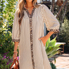 Khaki-Streifen-Quadratknopf-Hemdkleid mit Leopardenbesatz und lockerem Armband - Thumbnail