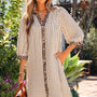 Khaki Stripe Square Button Leopard Trim Loose Bracelet Sleeve Shirt Dress