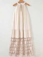 Beige Sheer Hollowed Floral Lace Hem Patchwork Loose Halter Summer Dress - Damesmode Afbeelding 4 - Miniatuur