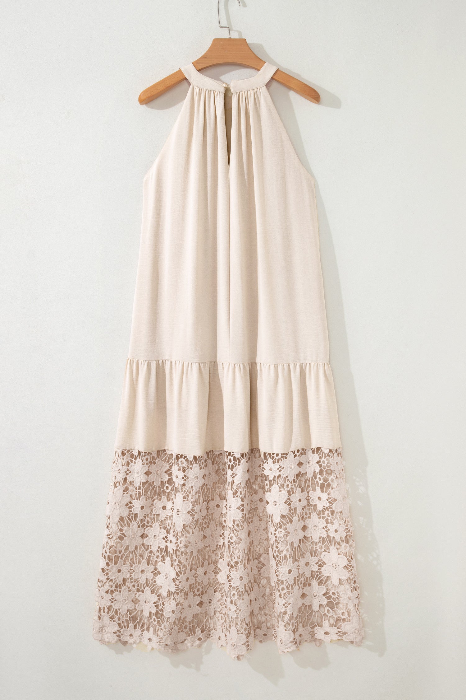 Robe d’été beige transparente à ourlet floral creusé en dentelle patchwork et dos nu lâche - Damesmode Afbeelding 4