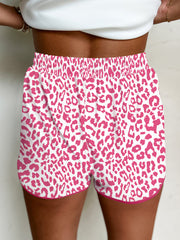 Pink Leopard Elastic Waistband Lace up Contrast Trim Casual Shorts - Miniatuur