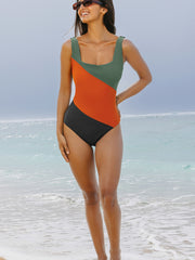 Duffel Green Color Block Padded Square Neck One Piece Swimsuit - Miniatuur