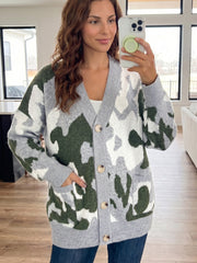 Cardigan delantero de botón en V con escote en el cuello camuflaje verde - Miniatuur