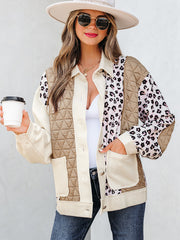 Khaki Leopard Waffle Quilted Patchwork Button Front Jacket - Miniatuur
