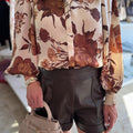 Brown Floral Print Button Down Poet Sleeve Shirt - Damesmode Afbeelding 1 - Foto 1