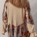 Oatmeal Boho Floral Plaid Patchwork Distressed Detail Ruffled Sleeve Waffle Knit Shacket - Foto 5