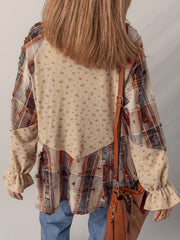 Oatmeal Boho Floral Plaid Patchwork Distressed Detail Ruffled Sleeve Waffle Knit Shacket - Miniatuur