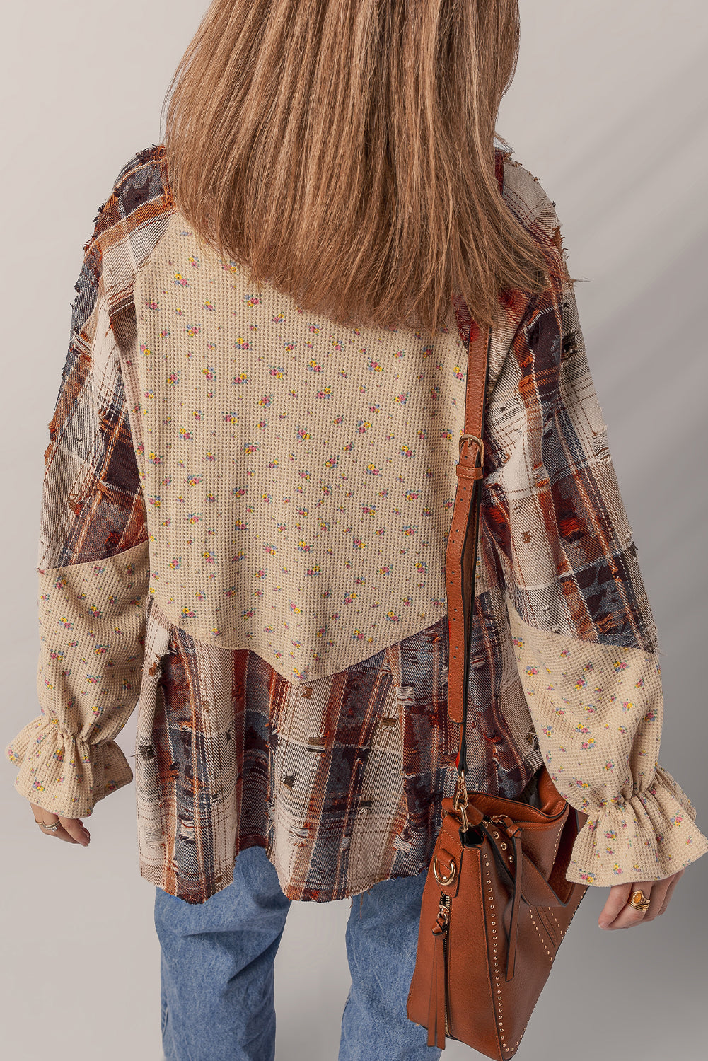 Avoine Bohème à carreaux floraux patchwork détenus avec manches à volants Waffle Shacket en tricot