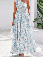Sky Blue Floral Print Ruffled One Shoulder Vacation Maxi Dress - Miniatuur