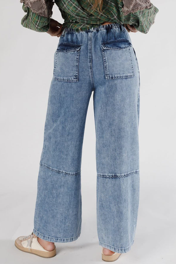 Ashleigh Blauw Acid Wash Exposed Seam met Trekkoord Elastic Waist Barrel Jeans - Redblad