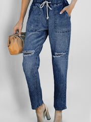 Jogger en jean en denim usé à poches bleu foncé - Miniatuur