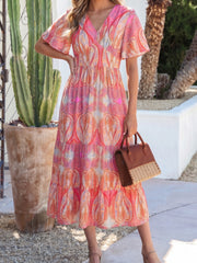 Multicolour Paisley Print V-Neck Short Sleeve Boho Maxi Dress with Ruffle Details - Miniatuur