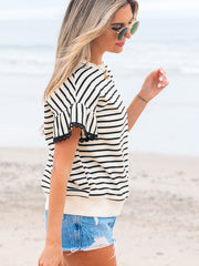 Black Stripe Scallop Lace Trim Ruffle Short Sleeves Crewneck Top - Damesmode Afbeelding 2 - Miniatuur