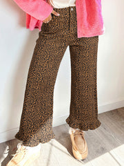 Brown Leopard Print Ruffled Hem Shift Jeans - Damesmode Afbeelding 3 - Miniatuur