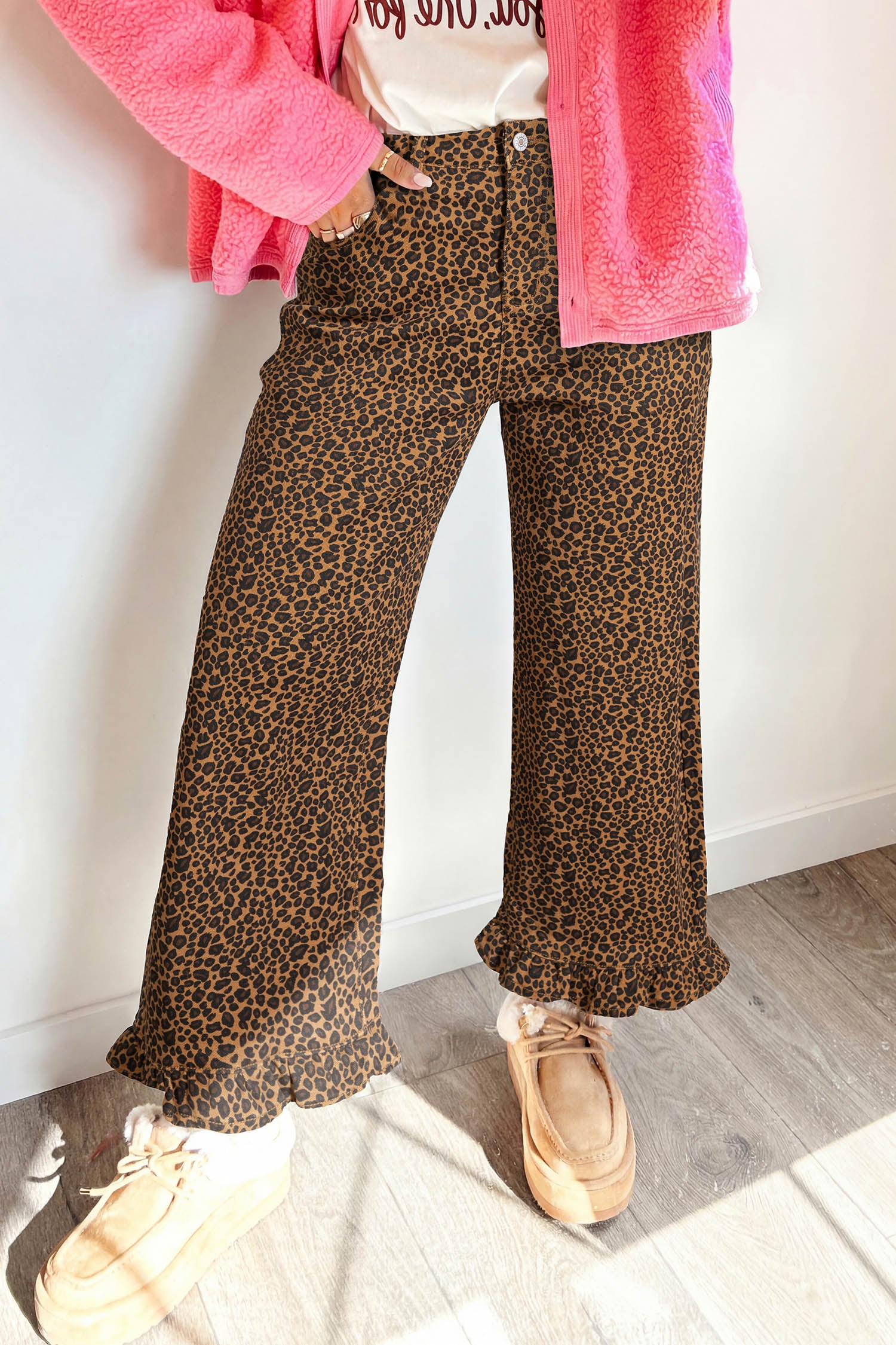 Brown Leopard Print Ruffled Hem Shift Jeans - Damesmode Afbeelding 3