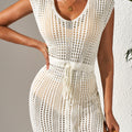 Beige Open Knit Drawstring Waist Beach Dress - Damesmode Afbeelding 6 - Foto 6