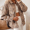 Khaki Leopard Print Collar Long Sleeve Patch Pocket Shift Denim Jacket - Foto 1