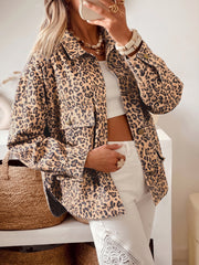 Khaki leopardmønstret krave Langærmet Patch lomme Shift Denim jakke - Miniatuur