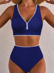 Bikinis taille haute à cou en V brodrés brodées bleu foncé avec couture coquillée - Miniatuur
