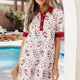 Rout geometresch Blummenprint Spëtze-Trim kuerz Äerm Mini-Kleed mat Kragen