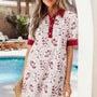 Red Geometric Floral Print Lace Trim Collared Short Sleeve Mini Dress