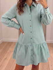 Green Stripe Striped Shift Long Sleeve Dress - Miniatuur