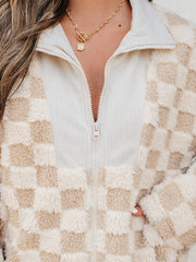 Khaki Checker Sherpa Corduroy Patchwork Lynlåsjakke med krave - Miniatuur